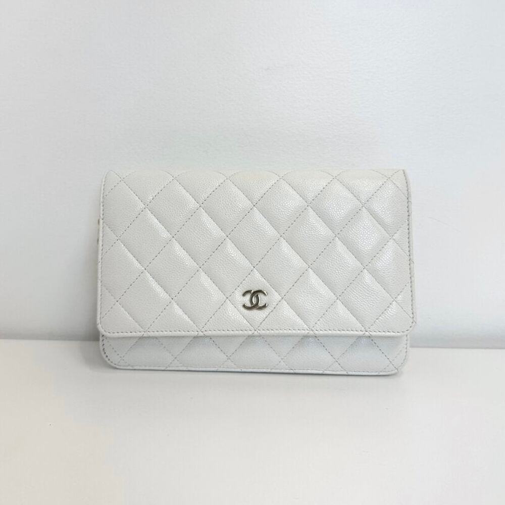 CHANEL White Caviar Leather Quilted Wallet On Chain Gold Hardware Flap Crossbody